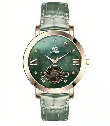 Nifer Damen-Armbanduhr im Halbskelett-Design, Zifferblatt aus Naturmuschel mit römischen Ziffern, Armband aus echtem Krokodilleder, wasserdicht bis 5 ATM, elegante Damenuhr 3