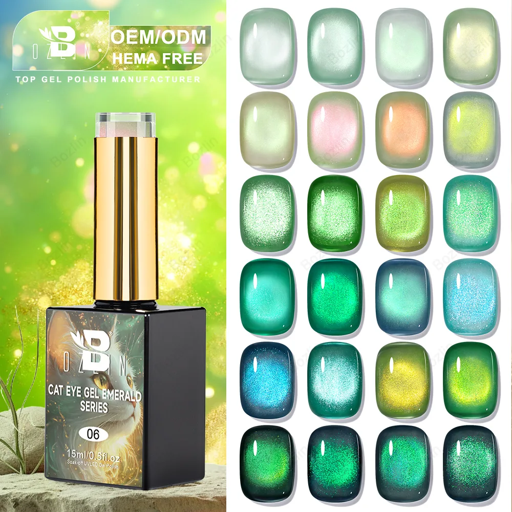 Гель-лак Bozlin Emerald Cat Eye, HEMA, без TPO, 24 цвета, под собственной торговой маркой. 1