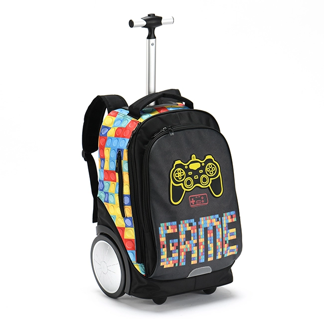 Custom Plaid Uv Printed Game Rubber Patch Logo Kids School Trolley Bags Backpack Wheels bag factory Student Big Wheeled Backpacks For Travel 1