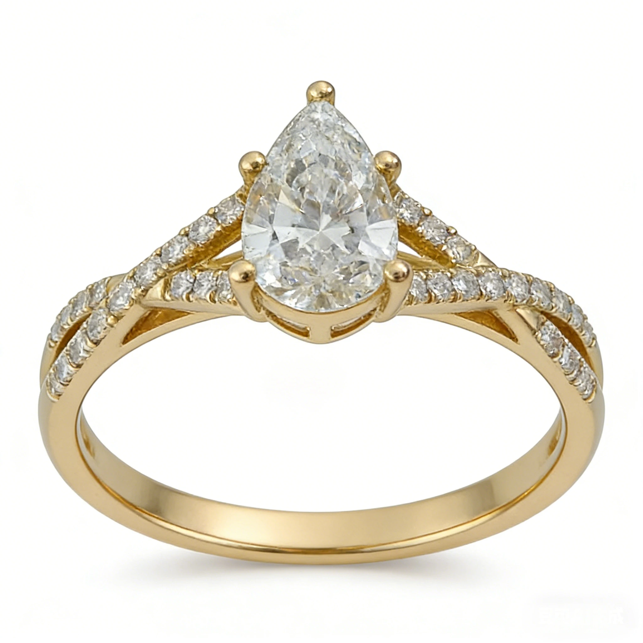 Luxury 14k Yellow Gold Pear Shaped Ring Split Shank Lab Grown Wedding Band For Her 1