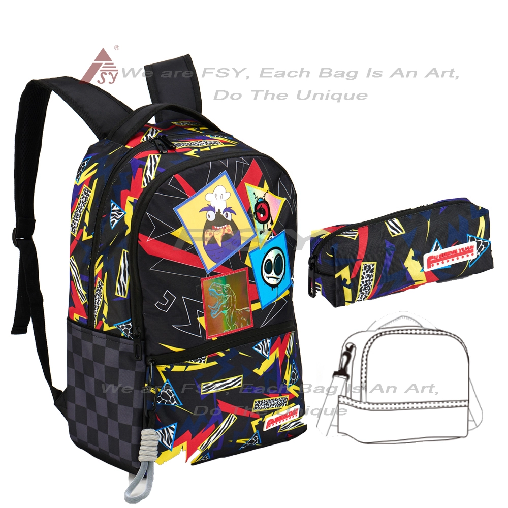Lightweight Pvc Leather College School Student Backpack 3 Pieces Youth Patchwork Pattern Design Polyester Sublimation Back Pack 1
