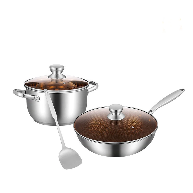 3pcs Modern Home Use Stainless Steel Honeycomb Cookware Set Thickened Kitchen Soup Pot Non-stick Frying Pan Spatula Metal 1