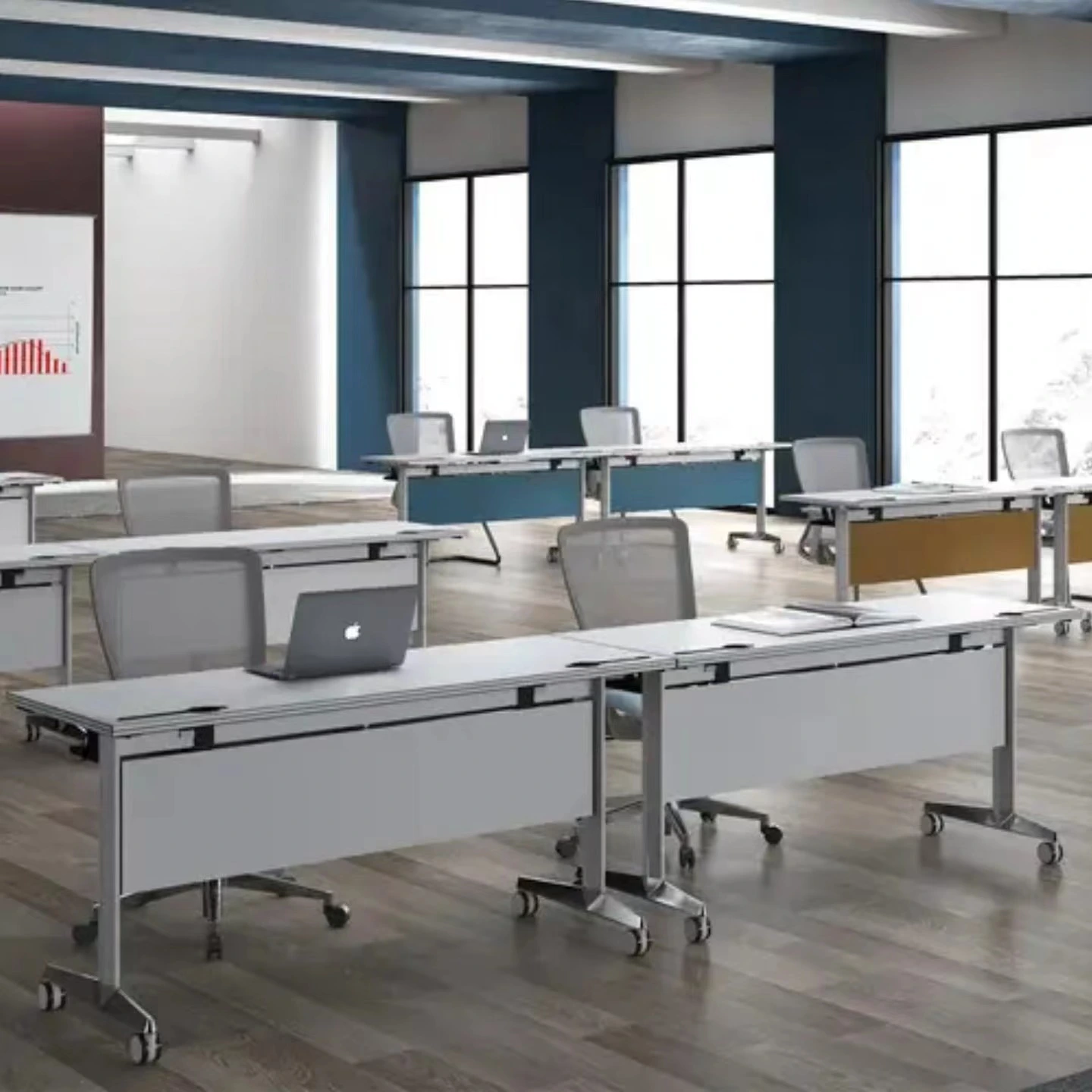 Moderner, klappbarer Büro- und Schultisch mit Rollen, modularer, ausziehbarer Schulungstisch aus Holz für den gewerblichen Einsatz 1