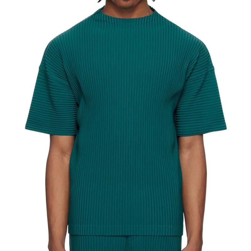 Plis Fournisseur de vêtements Fabricant Miyake Hommes Logo personnalisé Causal Slim Fit Homme Chemise plissée T-shirt Col montant Épaule tombante 100% Polyester T-shirt uni 1