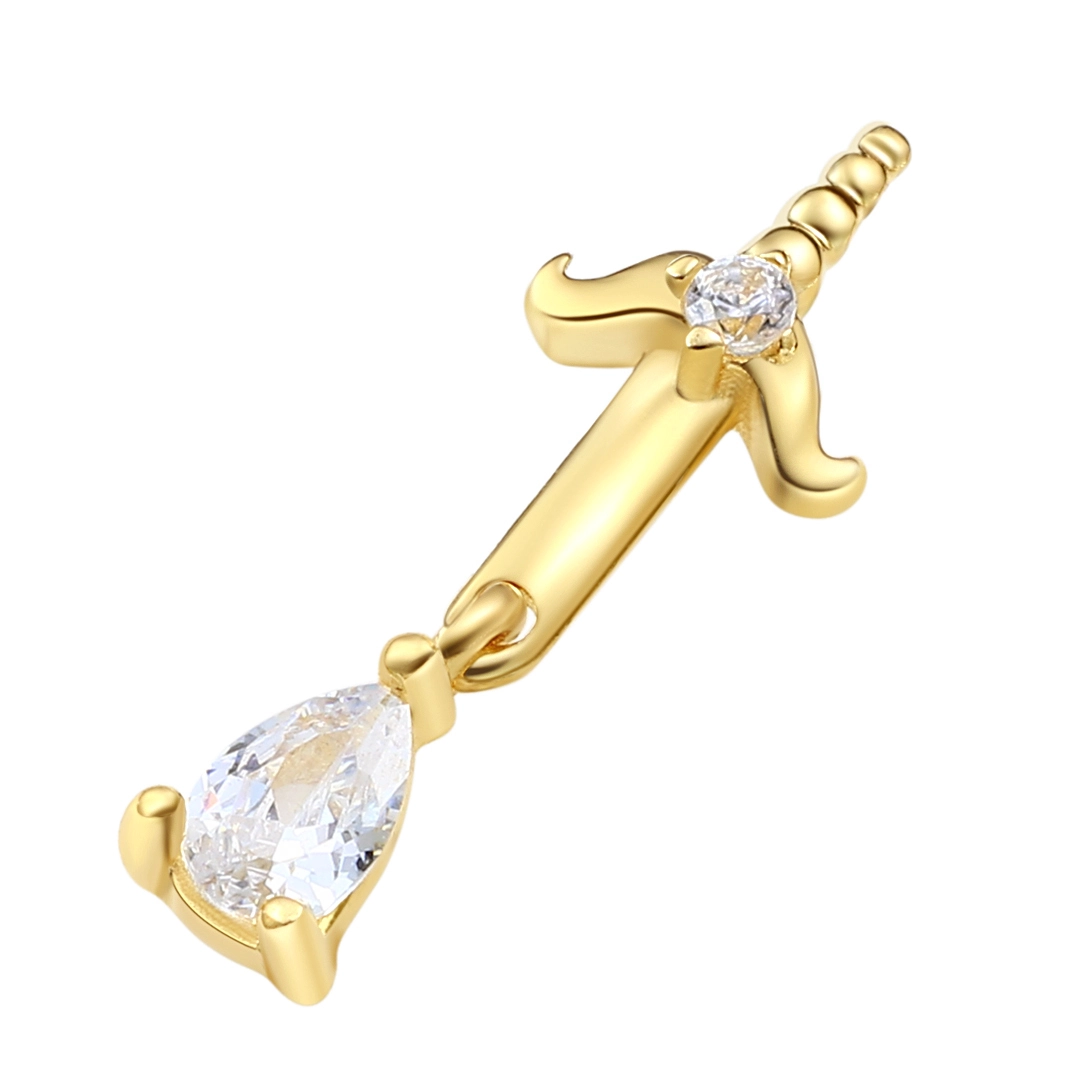 Eternal Metal 14k Solid Gold Sword Shape Threadless Push Pin Ends 5a Clear Zircon Dangle Piercing Jewelry 1