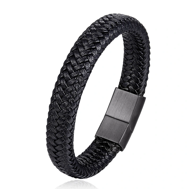 Fashion Pu Leather Bracelet Stainless Steel Magnetic Buckle Woven Braided Wrap Bracelets For Men 1