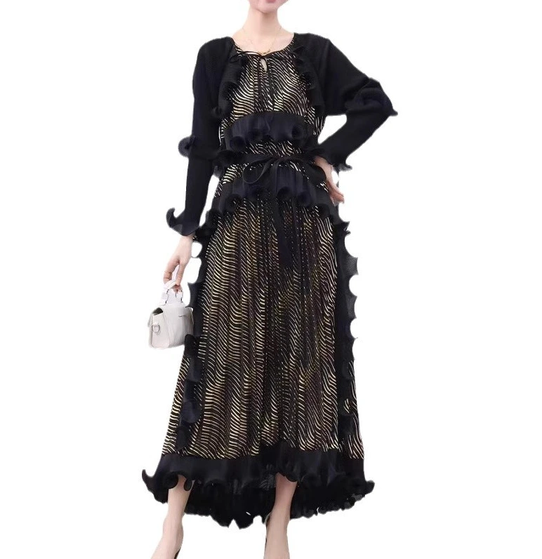 Pleats Clothing Manufacturer Wholesale Hot Sale Plus Size Miyake Dress Women's Casual Vintage Long Asymmetrical S-3xl Party Vestidos Heavy Industry Bronzing 1