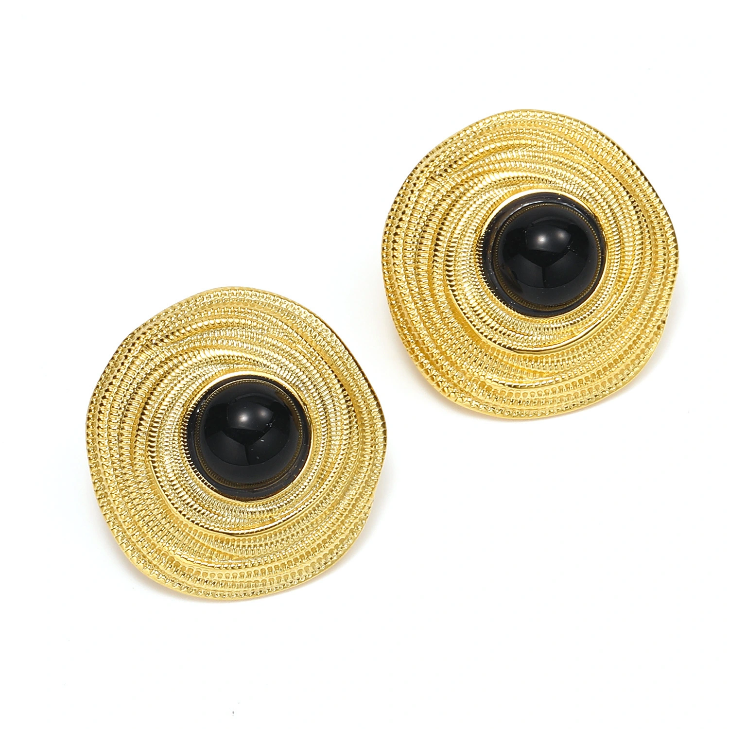 European And American Fashion Girls Vintage Inlaid Black Agate Earrings Jewelry Gold Plated Stainless Steel Agate Women Round E 1