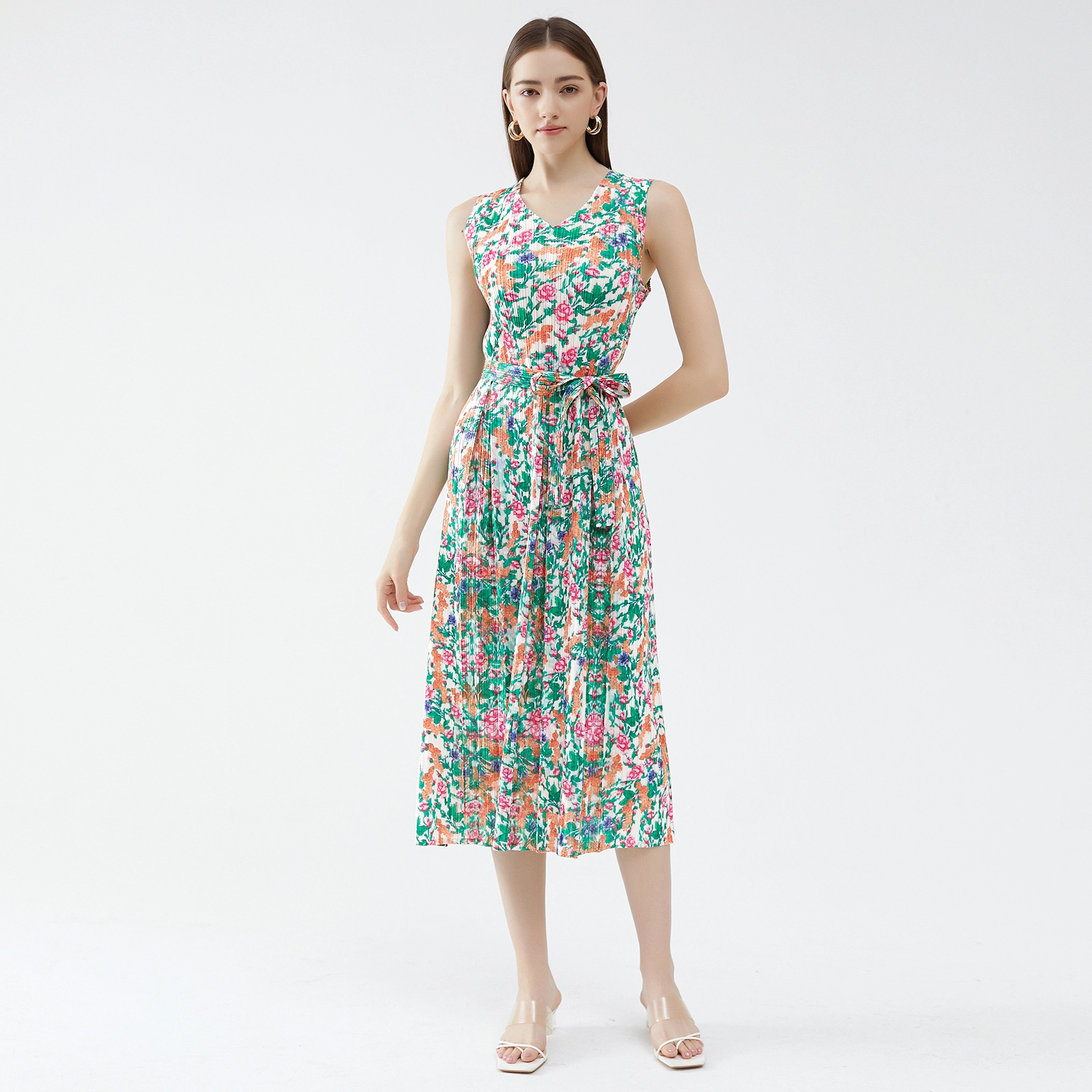 Fashion Bohemian Long Vest Kleid Frauen ärmellose Blumenkleid Gürtel Falten Urlaub Strand Weste Kleid Hersteller Kleidung Kleidung 1