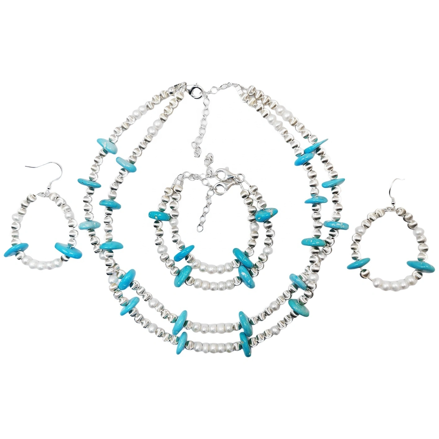 Pearl & Turquoise Set Natural Pearl S925 Silver Women's Jewelry Necklace Earrings Bracelet Designer Custom Beautiful 1