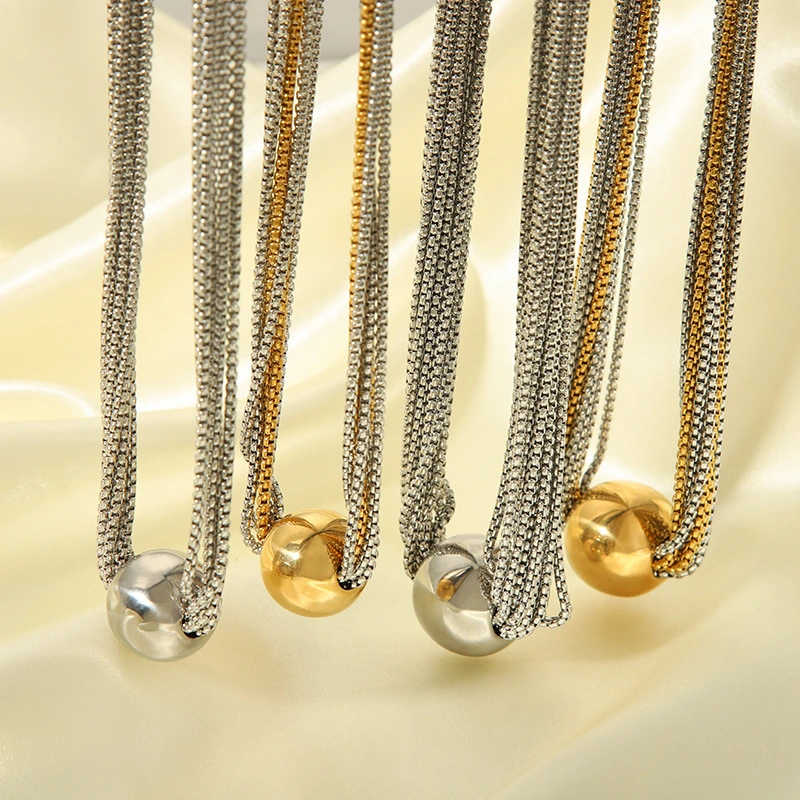 Punk Multilayer Stainless Steel Necklace with Beaded Collarbone Chain 1
