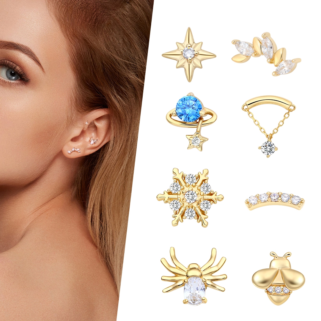 Eternal Metal 14kt Solid Gold Universe Shape Five Stars Threaded 3-prong Set Blue Cz Top Conch Earring Nose Piercing Jewelry 1