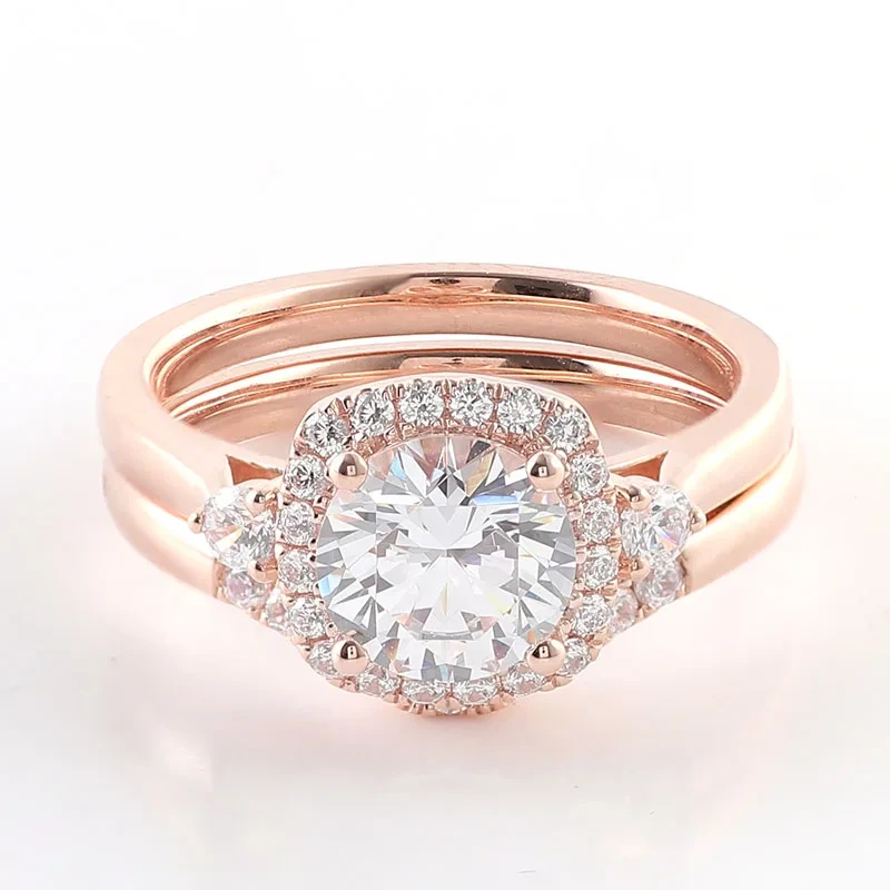 Ring Set Design Wholesale Custom 1.5ct Cushion Moisanite Moisanite Anneau de mariage 14K Real Rose Gold avec bague Moissanite 1