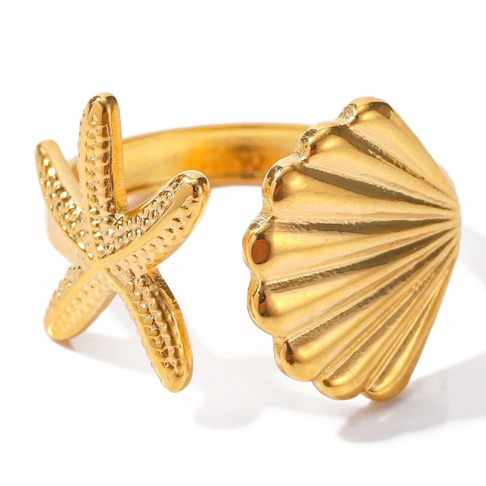 New Ocean Series 18k Gold Stainless Steel Starfish Open Size Shell Ring Jewelry Wholesale For Women 1