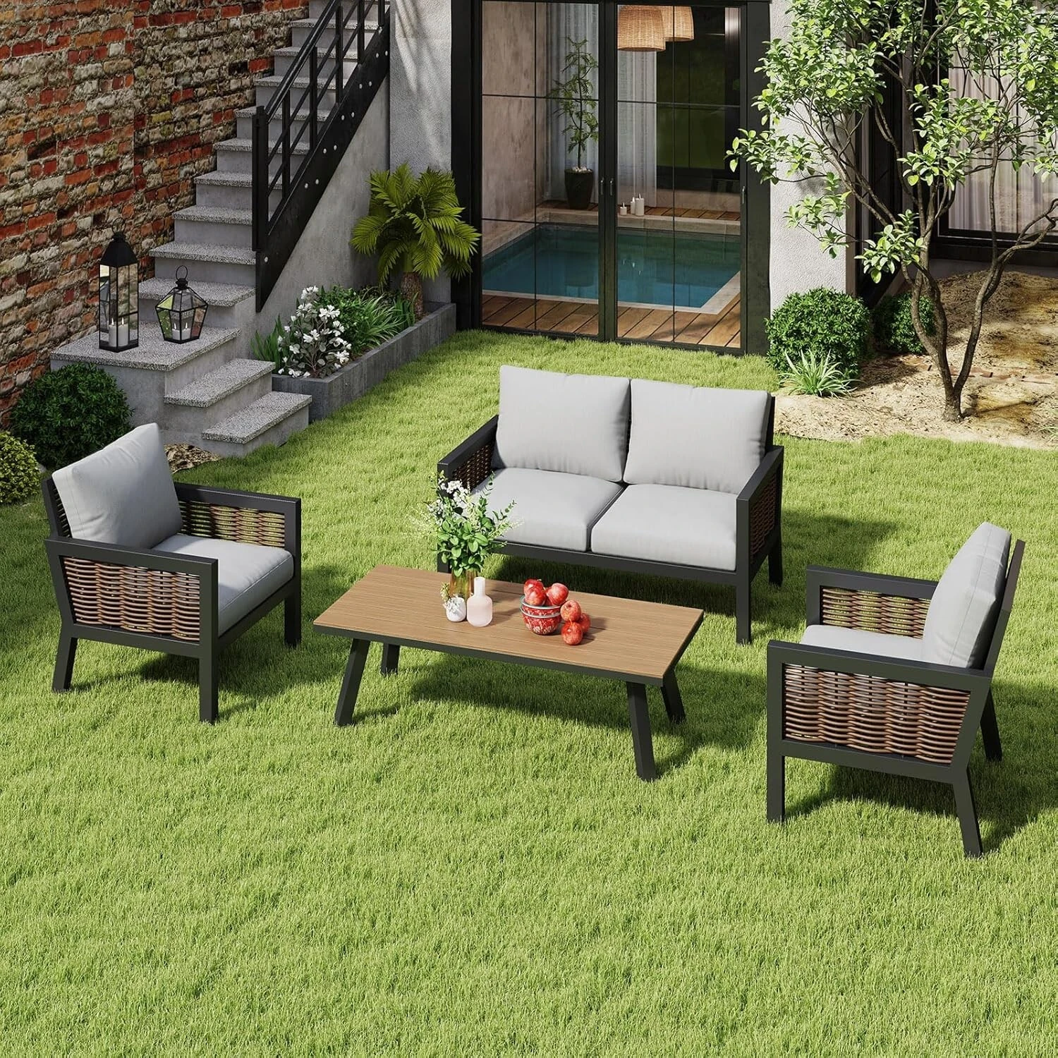 Outside Large Armchair Patio Furniture Waterproof Love Seat Outdoor Rattan Sofa Garden Wicker Conversation Set With Coffee Table 1