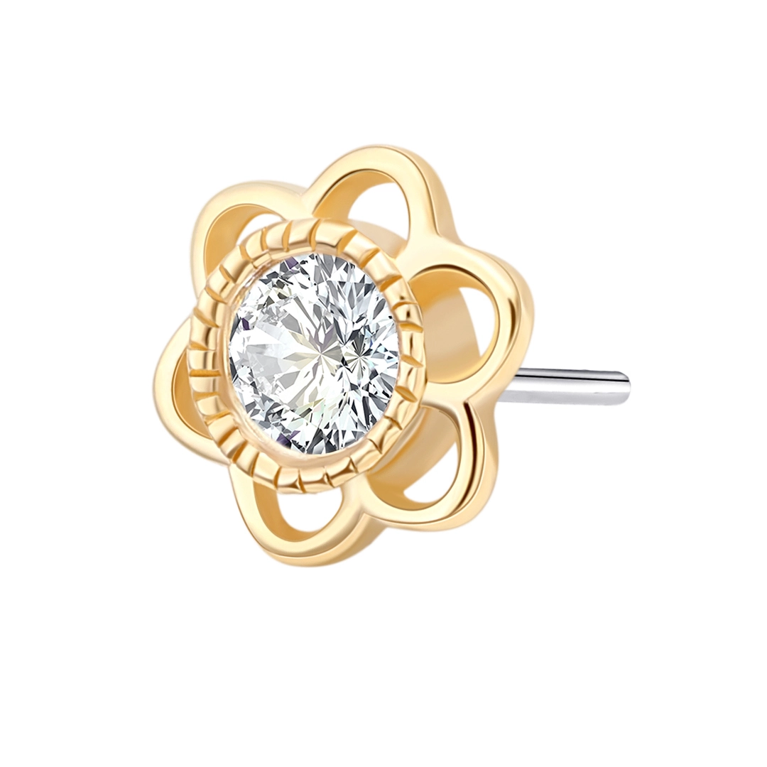 Eternal Metal 14k Solid Gold Luxury Flower Shape Threadless Top Round Clear Zircon Earring Labret Nose Piercing Jewelry 1
