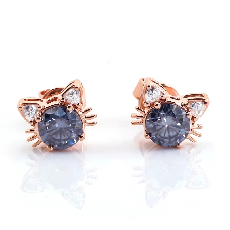 Boucles d'oreilles de chat mignonnes boucles d'oreilles en or rose avec diamant gris diamant 14k Real Gold Women Moucles d'oreilles en diamant 1