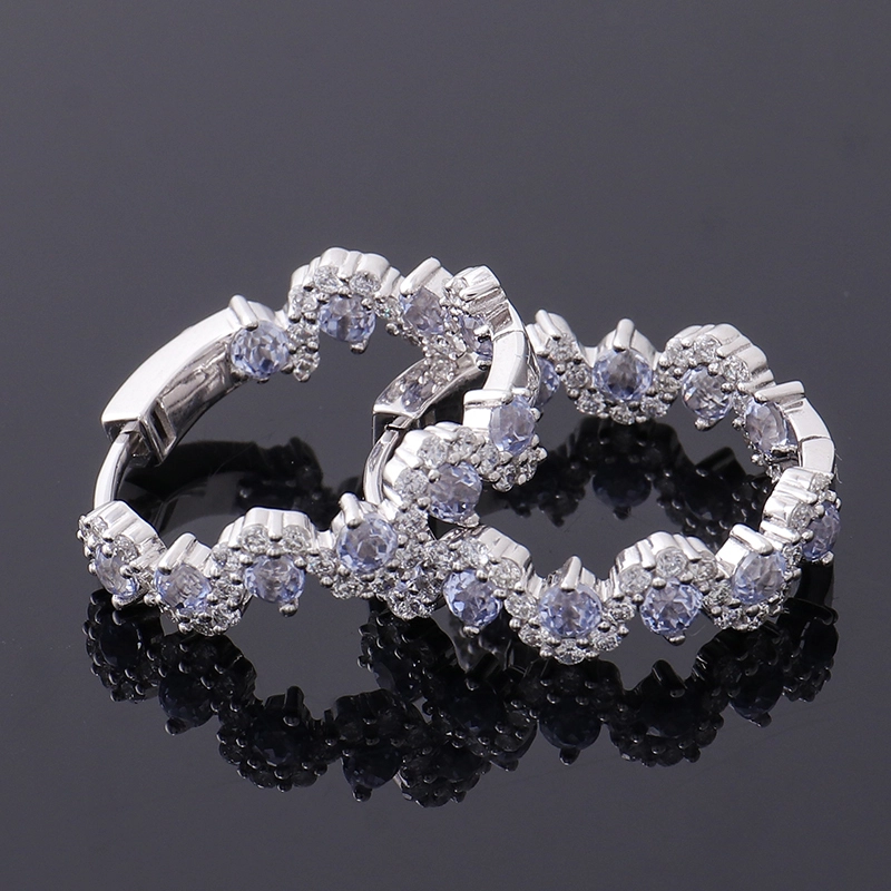 Custom Wholesale Fine Jewelry Cornflower Blue Gemstone Earrings Round Cut 18k 14k 10k White Gold For Women Hoop Earrings 1