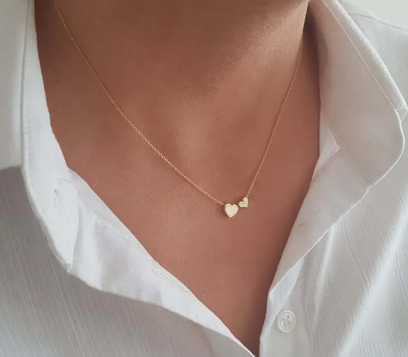 Minimalist Necklace 14k Solid Gold Double Heart Necklace Real Gold Heart Pendant Delicate Dainty Necklace Birthday Gift 1