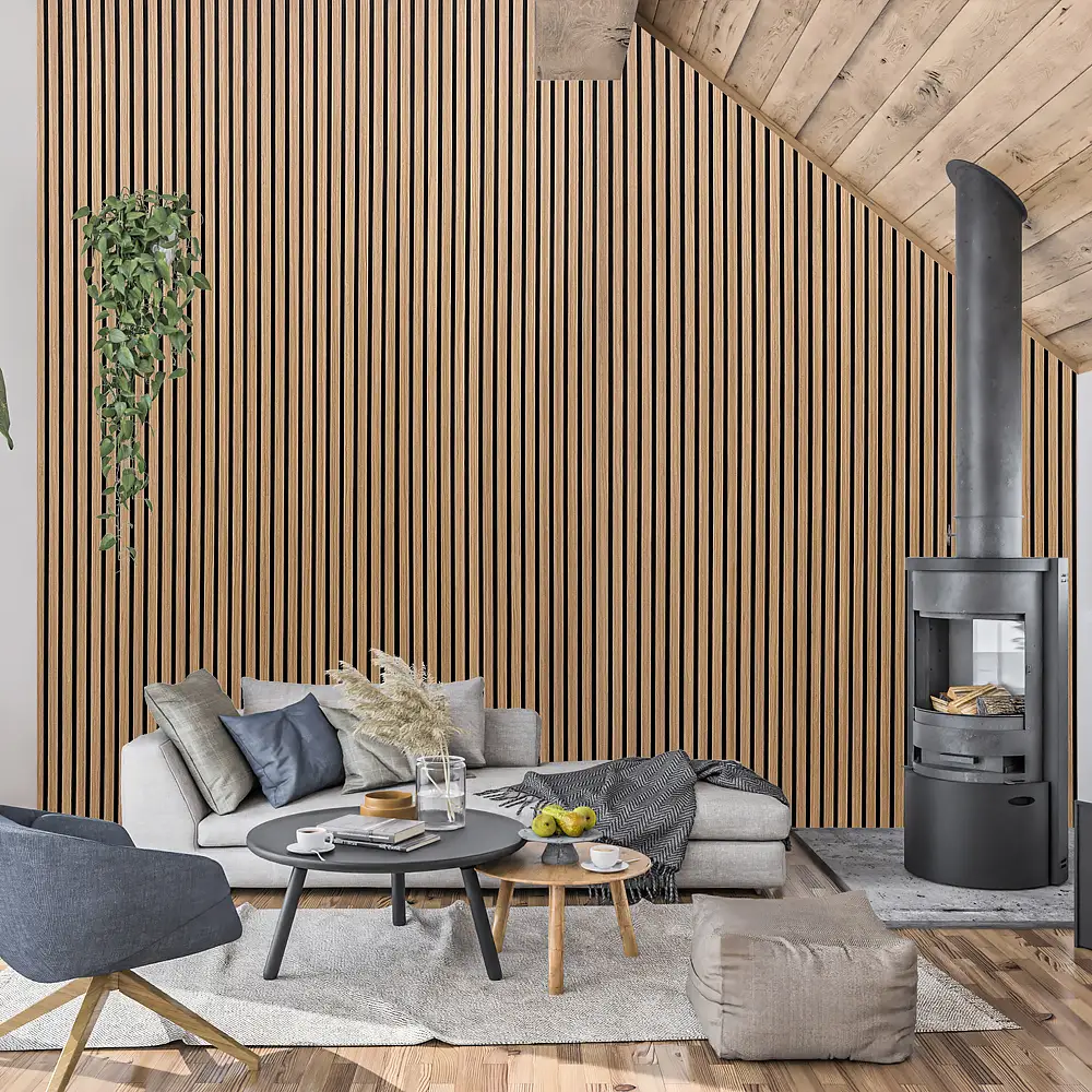 Akupanel faléces akusztikus falpanel, dió színű felülettel, natúr fa akusztikus panel 1