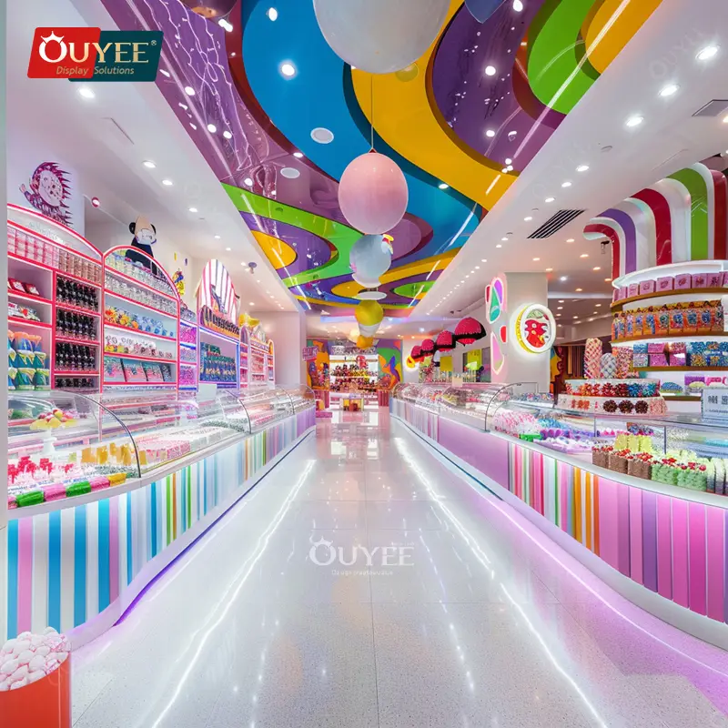 Prateleiras de vidro para exposição de chocolates e doces, montadas na parede. 1