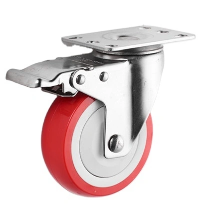 Double Ball Bearing Medium Duty Waterproof Stainless Steel Red Pu Casters Wheel 1