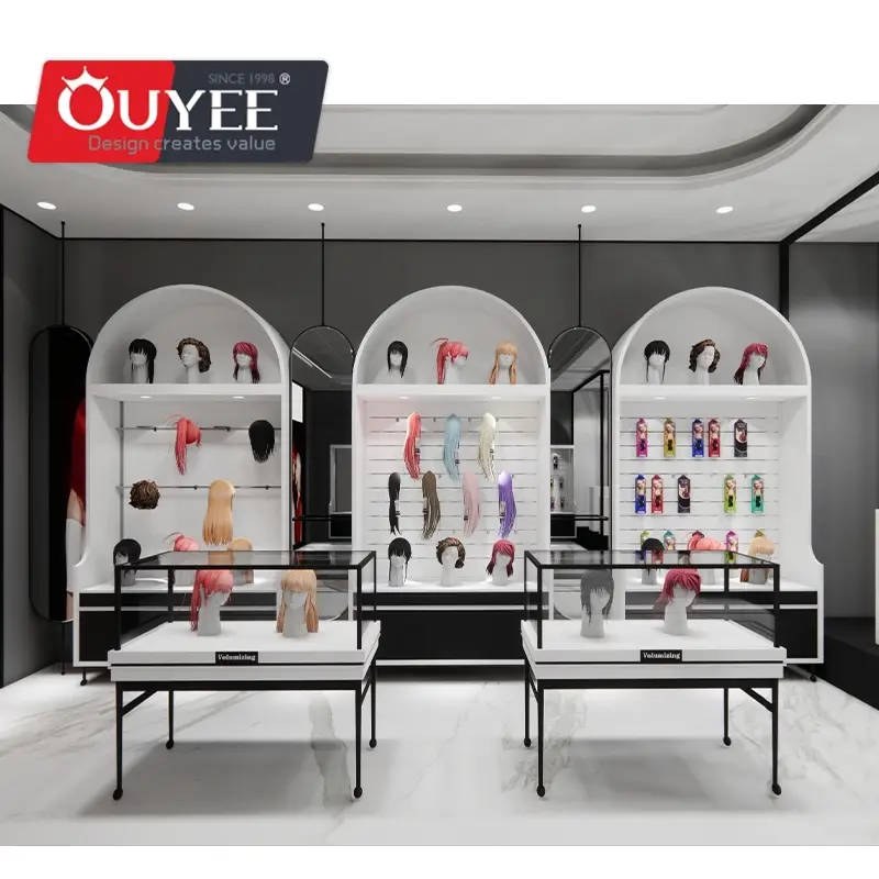 Wandmontiertes Lamellenwand-Präsentationsregal für Perücken und Haarverlängerungen für Salons 1