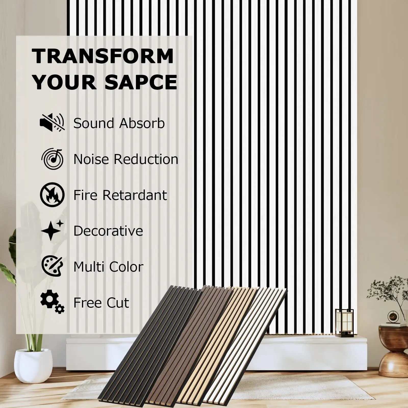 Panneau acoustique à lattes de bois, en polyester noir absorbant le son, pour réduire le bruit mural 1