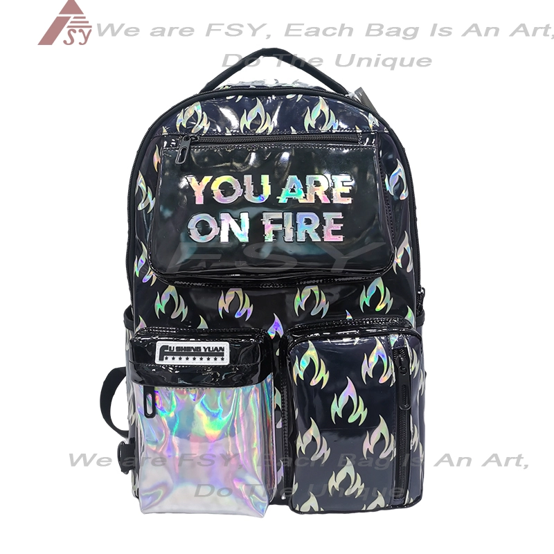 Customized 18 College Laser Pu Backpack With 3 Pockets Big Kids Student School Bags Leisure Sports Bag For Travel Waterproof 1