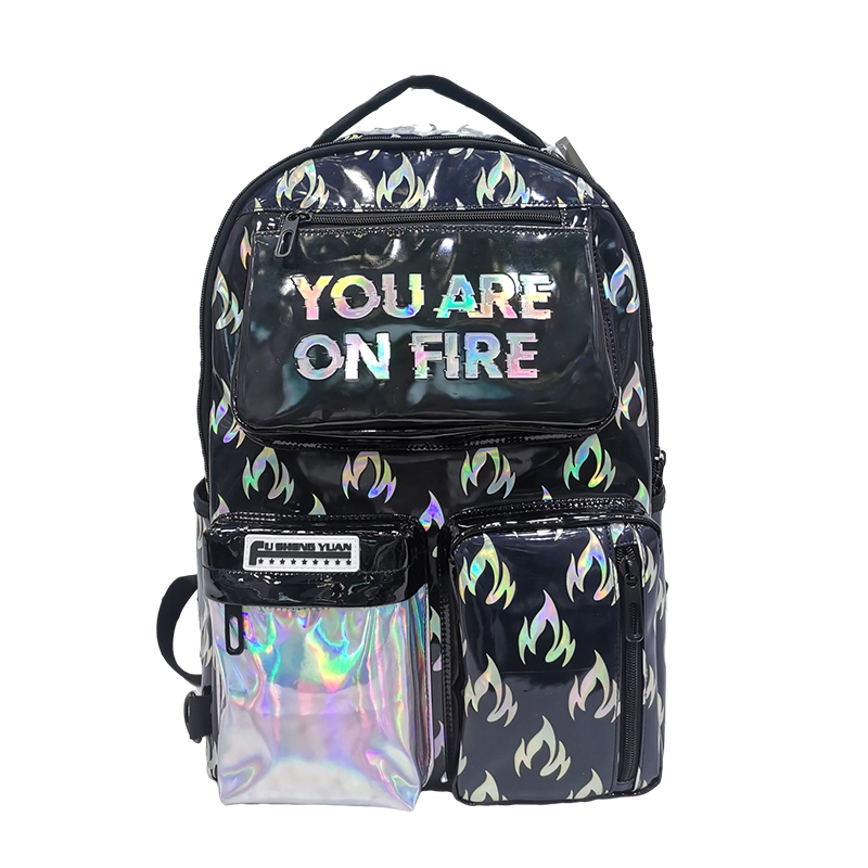 Customized 18 College Laser Pu Backpack With 3 Pockets Big Kids Student School Bags Leisure Sports Bag For Travel Waterproof 1