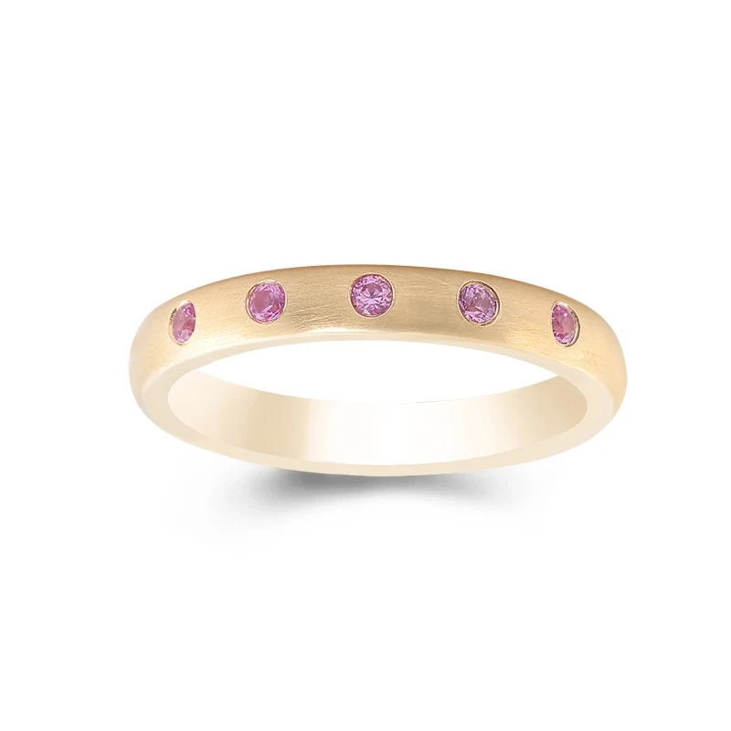 Jewelry Design Gemstone Ring Band 10k Yellow Gold 3mm Pink Color Ruby Corundum Satin Finish Wedding Band 1