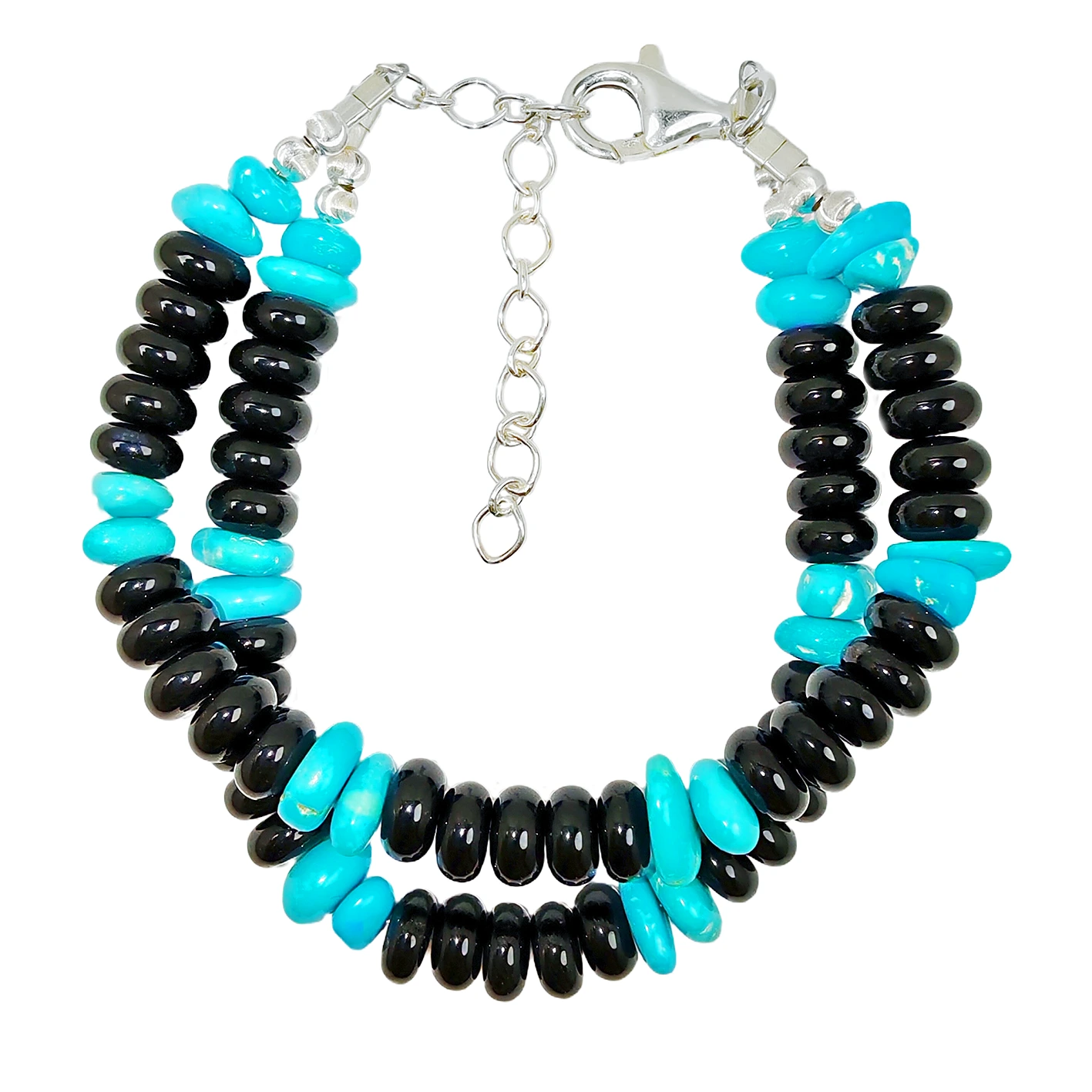 Natural Obsidian Abacus Shaped Beads And Sterling Treatment Turquoise Meet On The Double Layer Bracelet Creating Wrist Style 1