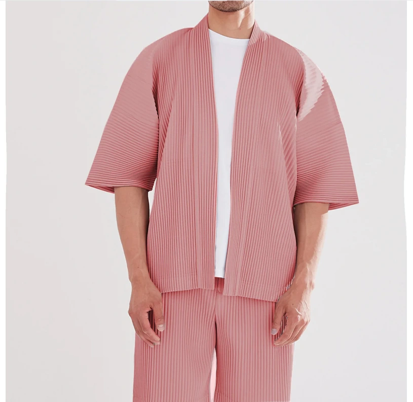 Pleats Clothing Manufacturer  Miyake Men Pleated Kimono Robe Men Cardigan Blazer Pink Sets Korean Homme Fashion Designer Jacket Menswear Coat 1