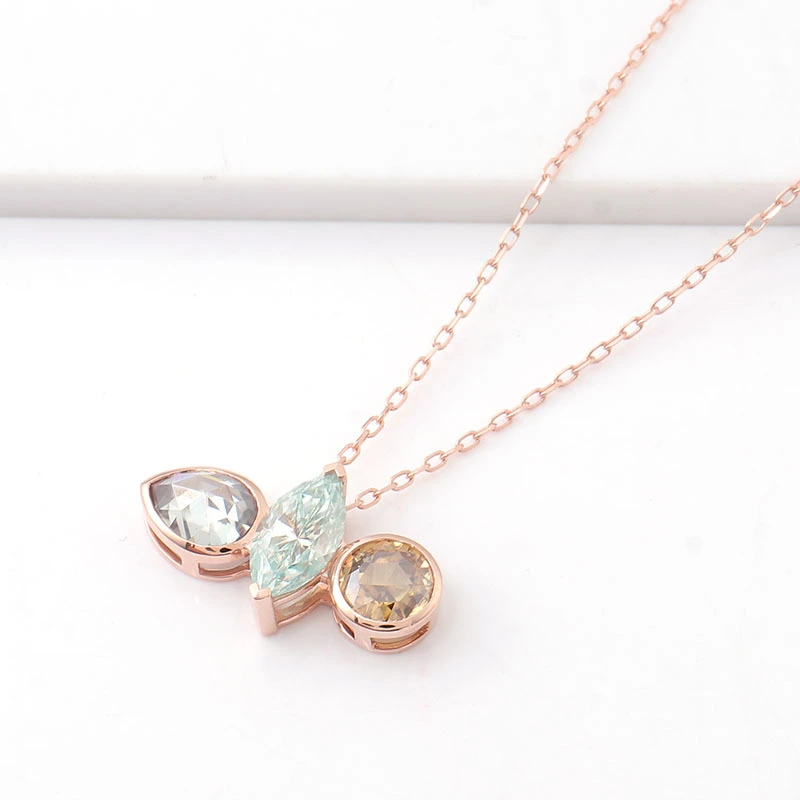 Three Stone Moissanite Necklace 10k Rose Gold Women Pendant Past Present Future Diamond Pendant Triple Birthstone Necklace 1