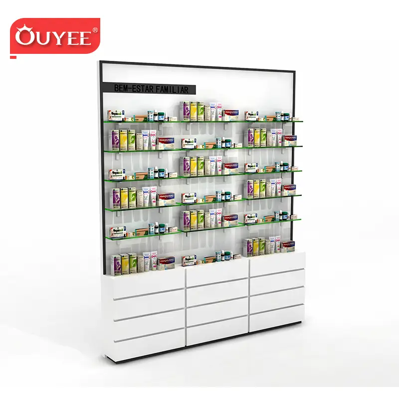 Vitrine de pharmacie lumineuse personnalisée en usine, étagères en bois 1