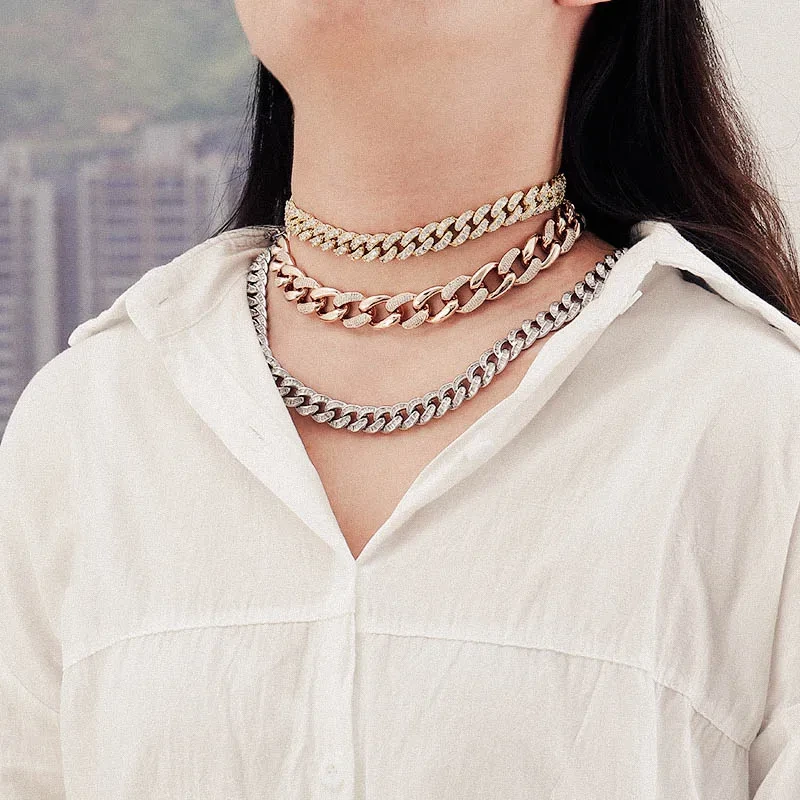 Women Female Fashion Full Diamond Wedding Jewelry 24k Yellow Gold Thin Cuban Chains Necklaces 1