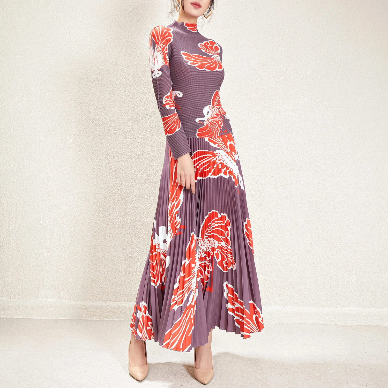 Pleats Clothing：High Quality Women's Suit One Size Stretch Print Design Long Sleeve Top Pleated Skirt Women's Two Piece Set 1
