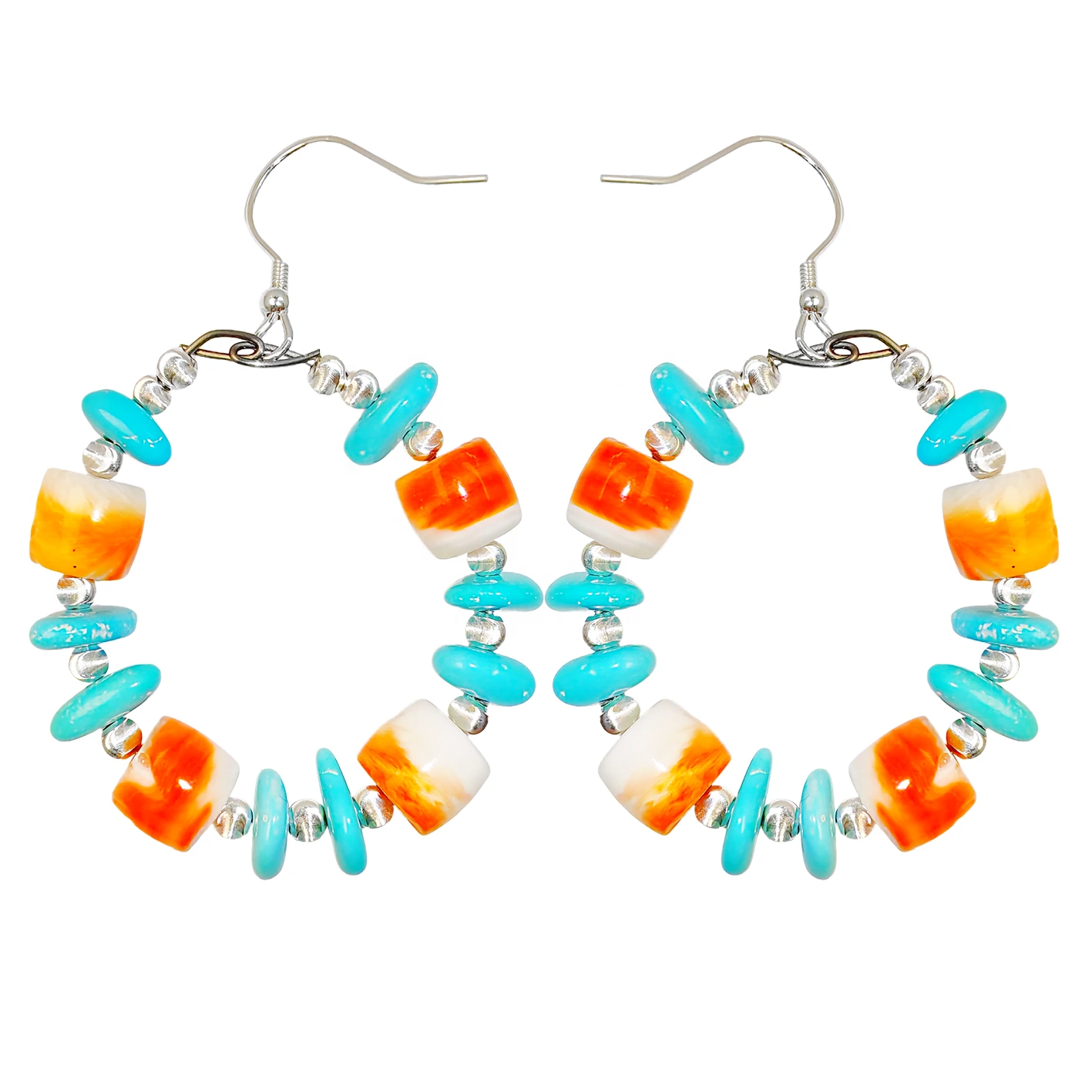 Earrings Are Made Of Natural Sterling Treatment Turquoise And Orange Spiny Oyster Decorated With Threaded Silver Beads 1