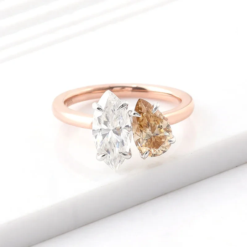 Bine de bijoux 10K Rose Gold Toi et Moi 1ct Champagne Pear et 1,5 cmt Marquise Moisanite Wedding Custom Anneau 1
