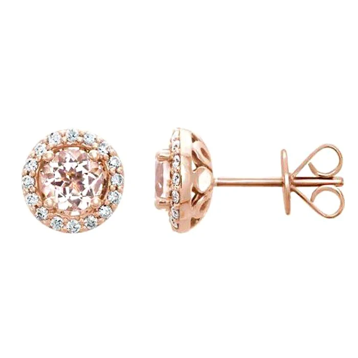 Moucles d'oreilles de goujon Morganite de 6 mm en or rose 10k personnalisées avec un halo comme cadeau pour maman 1