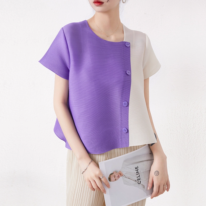 New Crop To Stitching Color Pleated High Quality T Shirt Miyake Pleated Women Tops And Blouses 1