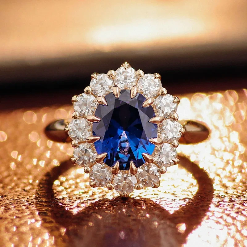 Anillo de piedra preciosa de zafiro azul oval de corte redondo moissanite def color de 14k anillo de oro amarillo joyería 1