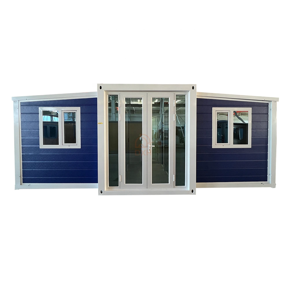 Rumah Kontena Boleh Dibesarkan 20 kaki Panel Ukiran Logam Biru Diraja Mewah Tersuai 2 Bilik Tidur 1 Bilik Mandi 1 Dapur 1