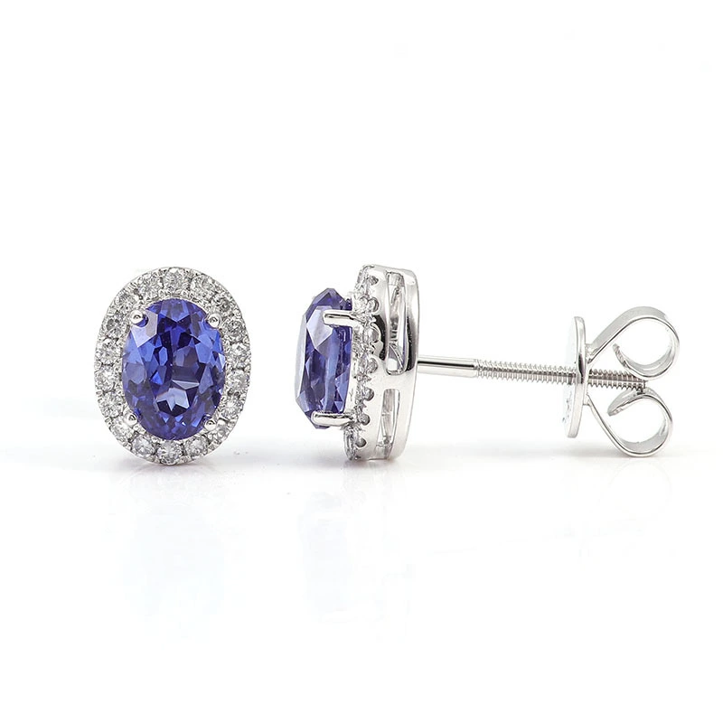 Custom Gemstones Yellow Solid 18k 14k 10k Gold Diamond Stud Earrings Oval Cut Earrings Royal Blue Diamond Earring 1