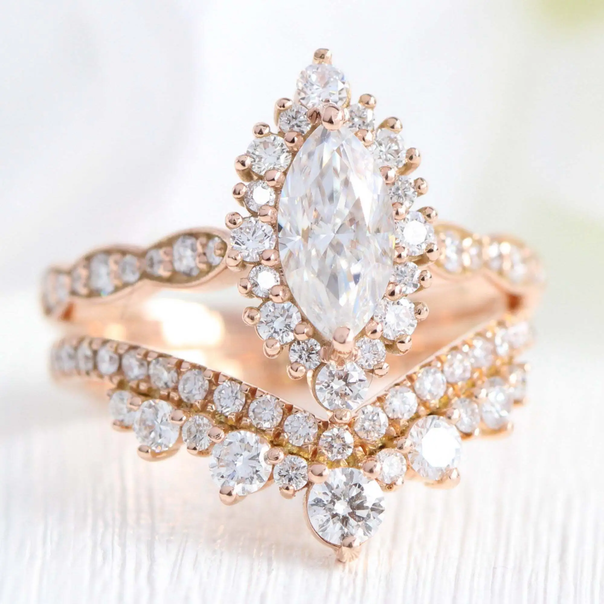 Bague de mariage tendance en moissanite 2022, taille marquise, diadème, halo, bague marquise, ensemble de mariée 14 carats 1
