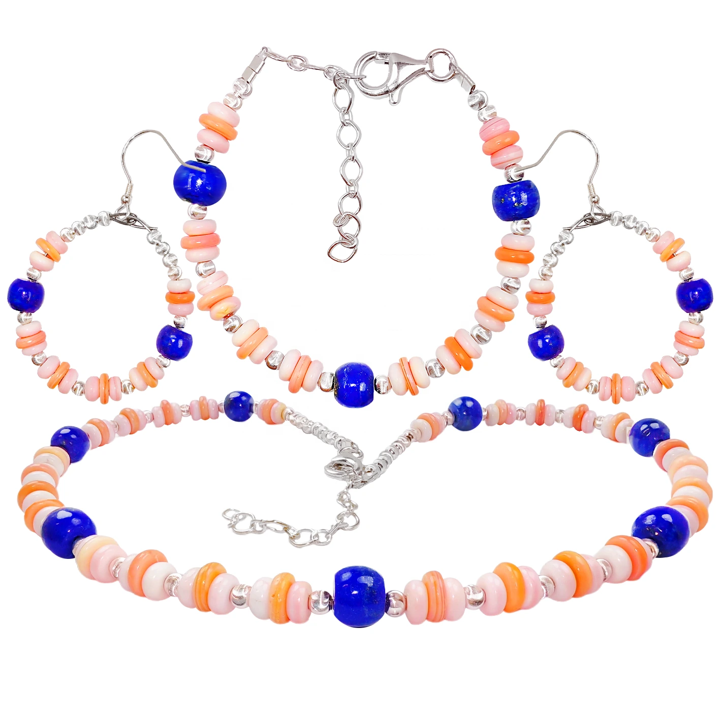 Jewelry Set Pink Opal And Natural Lapis Lazuli Three-piece Set Necklace Earrings Bracelet Beaded Jewelry S925 Silver Classic 1