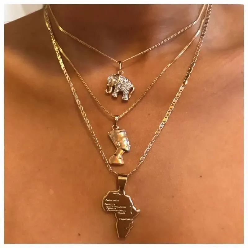 New Creative Fashion Multi Layered Necklace Map Of Africa Elephants Heart Retro Trend Personalized Jewelry 1