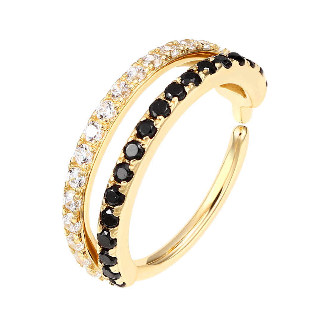 Metal eterno 14k ouro maciço 2 fileiras azeviche<000000>transparente 5a zircônia cúbica pavimentada voltada para a frente orelha<000000>nariz argola umbigo<000000>lábio piercing anel sem costura joia 5