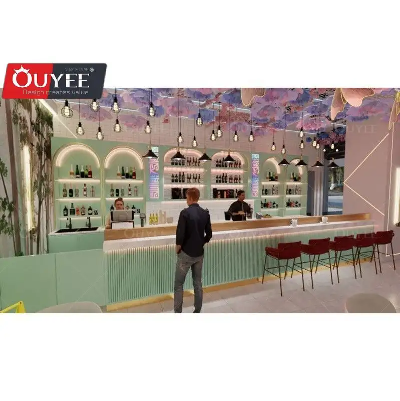 Inneneinrichtung eines Bubble-Tea-Ladens: Tische, Stühle und Holztheke im Café-Stil 1