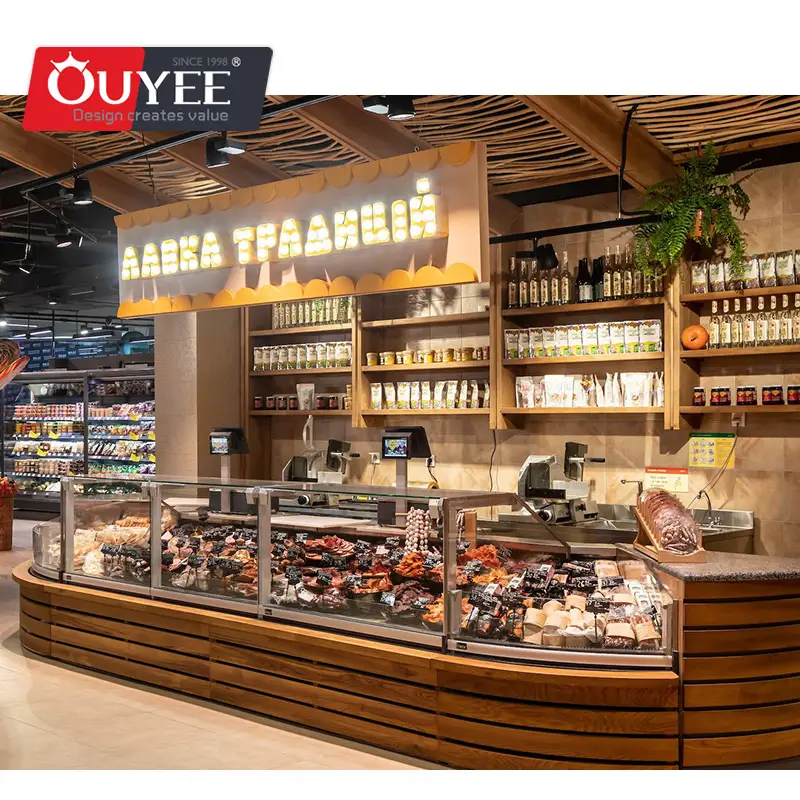 أرفف سوبر ماركت على شكل جندول مزودة بسلال فواكه بلاستيكية معقوفة 1